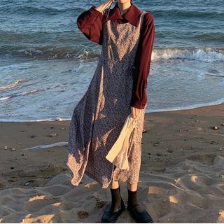 Long-sleeve Shirt Top / Floral Jumper Dress