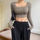 Letter Embroidered Square-neck Cropped T-shirt