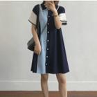 Color Block Short-sleeve Knit Polo Shirt Dress Blue - One Size
