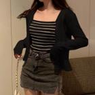 Set: V-neck Cardigan + Camisole + Check Pleated Skirt