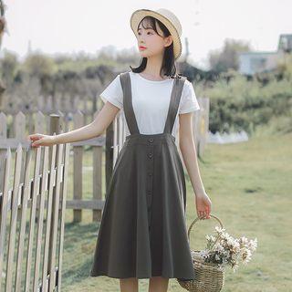 Set: Plain Short Sleeve T-shirt + Plain Midi Suspender Skirt
