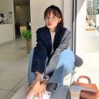 Sailor-collar Plaid Wool-blend Jacket Navy Blue -