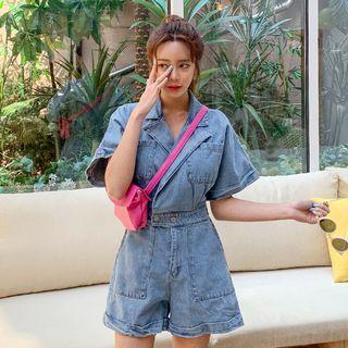 Open-placket Denim Playsuit Blue - One Size