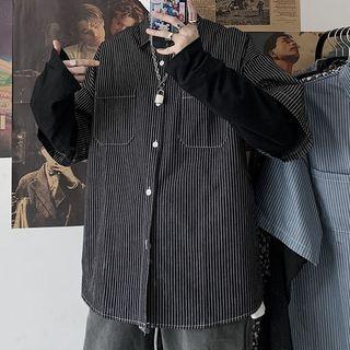 Mock Two-piece Long-sleeve Striped Buttoned Jacket