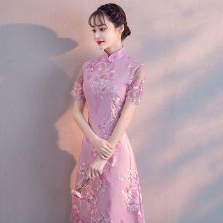 Short-sleeve A-line Midi Qipao Dress
