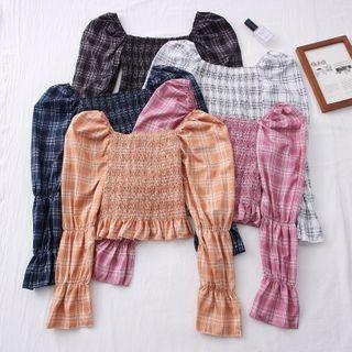 Plaid Puff-sleeve Smocked Crop Top