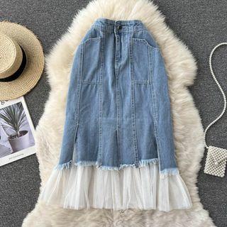 High-waist Mesh Hem Panel Slit Fringe Denim Skirt