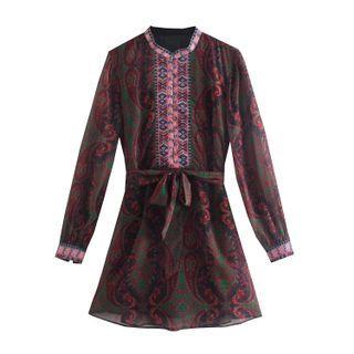 Long-sleeve Paisley Print Sashed A-line Dress