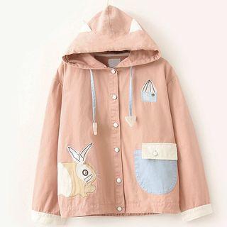 Rabbit Applique Hooded Button Jacket