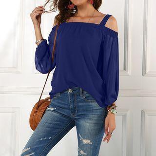 Long-sleeve Off-shoulder Plain Mesh Blouse