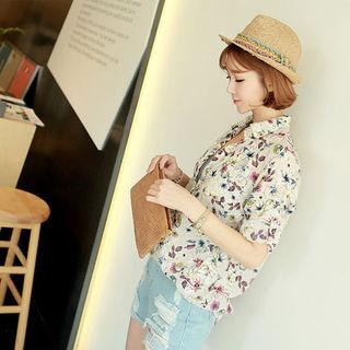 Tab-sleeve Floral Long Shirt