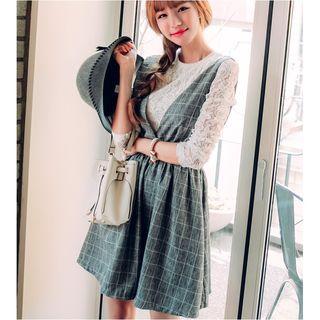 Set: Lace Long Sleeve Top + Window Pane A-line Pinafore Dress