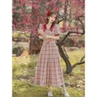 Set: Puff-sleeve Plaid Double-breasted Shirt + Midi A-line Skirt