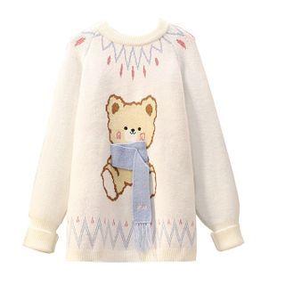 Bear Print Fringed Sweater