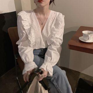 V-neck Plain Lace Flare Long-sleeve Top