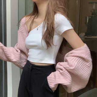 Short-sleeve One-shoulder Crop Top / Cropped Cardigan