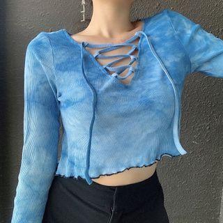 Long-sleeve Lace-up Tie-dye Crop Top