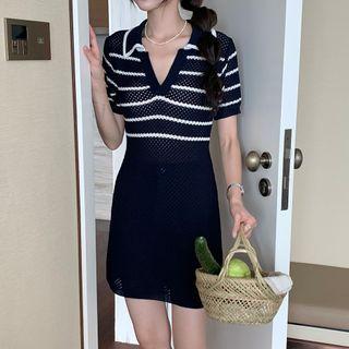 Short-sleeve Striped A-line Polo Knit Dress Navy Blue - One Size