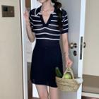 Short-sleeve Striped A-line Polo Knit Dress Navy Blue - One Size