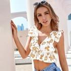Sleeve Floral Print Cropped Blouse