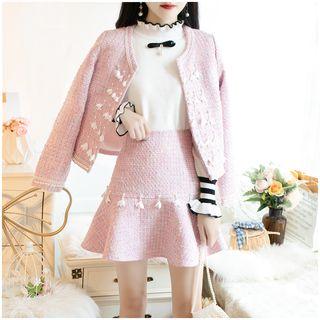 Set: Flower Accent Beaded Jacket + Ruffled Skirt