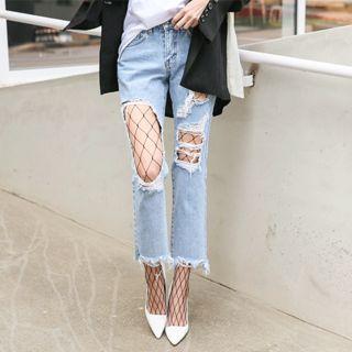 Set: Cutout Distressed Jeans + Net Tights