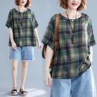 Plaid Elbow-sleeve Blouse Plaid - Green - One Size