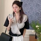 Elbow-sleeve V-neck Collar Top Black - One Size