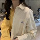 Long-sleeve Frayed Color Block Shirt As Shown In Figure - One Size