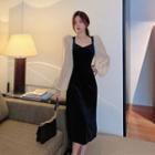 Two-tone Balloon-sleeve Midi A-line Velvet Dress