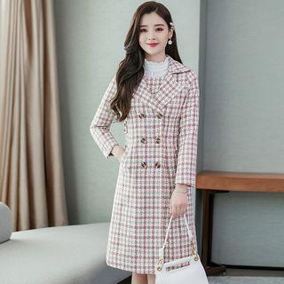 Set: Houndstooth Double Breasted Coat + Sleeveless A-line Dress