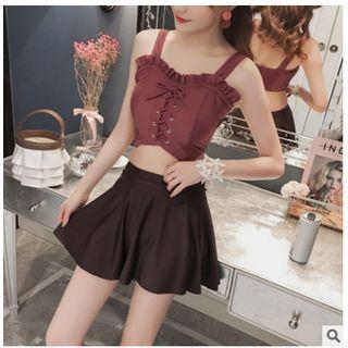 Set: Spaghetti Strap Lace-up Swim Top + Bottom + Skirt