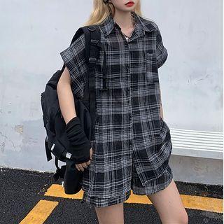 Set: Plaid Short-sleeve Shirt + Shorts Shirt - Plaid - Black - One Size / Shorts - Black - One Size