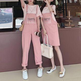 Short-sleeve Striped T-shirt / Letter Dungaree / Dress / Set