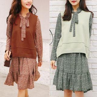 Set: Floral Print Long Sleeve Chiffon Dress + Plain Knit Vest