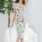 One-shoulder Floral Print Split Sheath Dress
