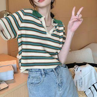 Short-sleeve Striped Polo Shirt Stripe - Green - One Size