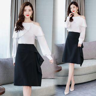 Set: Cold-shoulder Ruffled Blouse + A-line Skirt