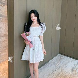 Floral Embroidered Short-sleeve Square-neck Mini A-line Dress