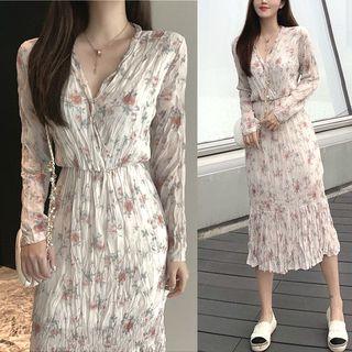Long Sleeve Floral Printed Dress Almond - One Size