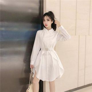 Plain Long-sleeve Asymmetric Dress