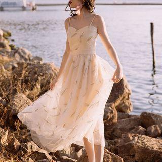 Spaghetti Strap Floral A-line Midi Dress / Mesh Light Jacket / Set