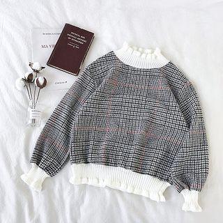 Plaid Mock-neck Woolen Long-sleeve Sweatshirt