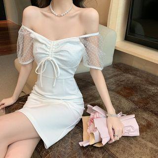 Off-shoulder Dotted Drawstring Bodycon Dress