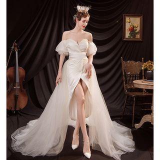 Puff-sleeve Off-shoulder Dip-back A-line Evening Gown