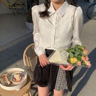 Mock Two-piece Crop Shirt / Plaid Panel Mini A-line Skirt