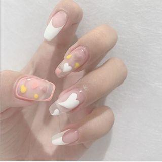 Heart Print Faux Nail Tips Jp833 - Cherry Pink - One Size