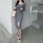 Square-neck Bodycon Slit Long-sleeve Knit Dress