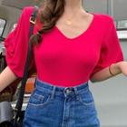 V-neck Puff-sleeve Top Rose Pink - One Size