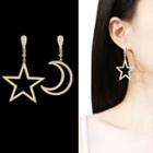 Non-matching Rhinestone Moon & Star Dangle Earring 1 Pair - Sterling Silver Stud - Gold - One Size